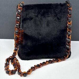 Vintage Chanel Black Rabbit Fur Shoulder Bag | Faux Tortoiseshell Chain | 1990s